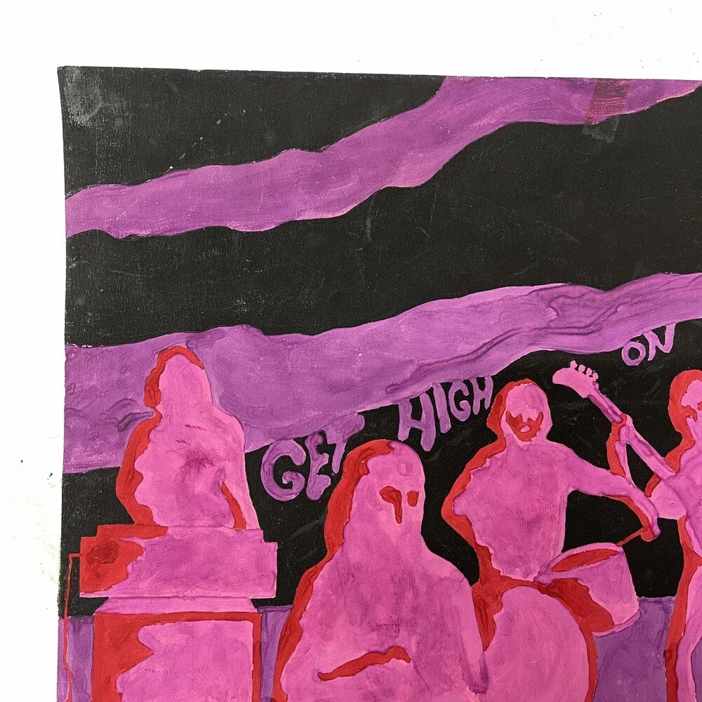 Vintage 1968 Psychedelic Band Drawing Get High On A Sound Pink Purple 15x18 OOAK